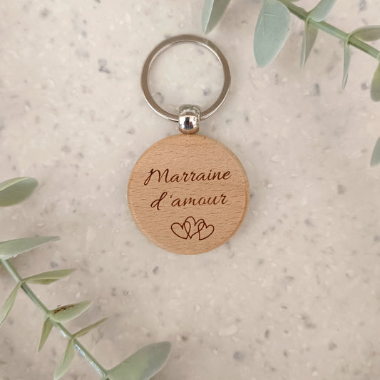 Porte clé en bois Marraine d'amour