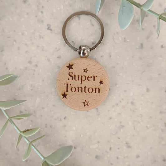 Porte clé en bois Super Tonton