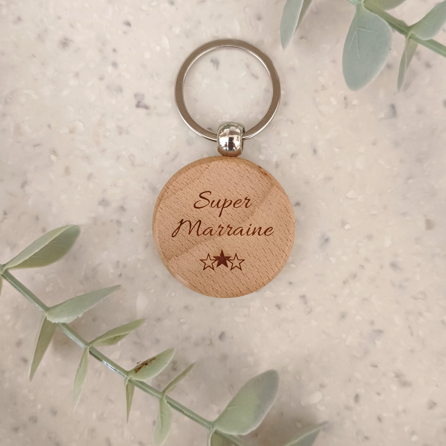 Porte clé en bois Super Marraine
